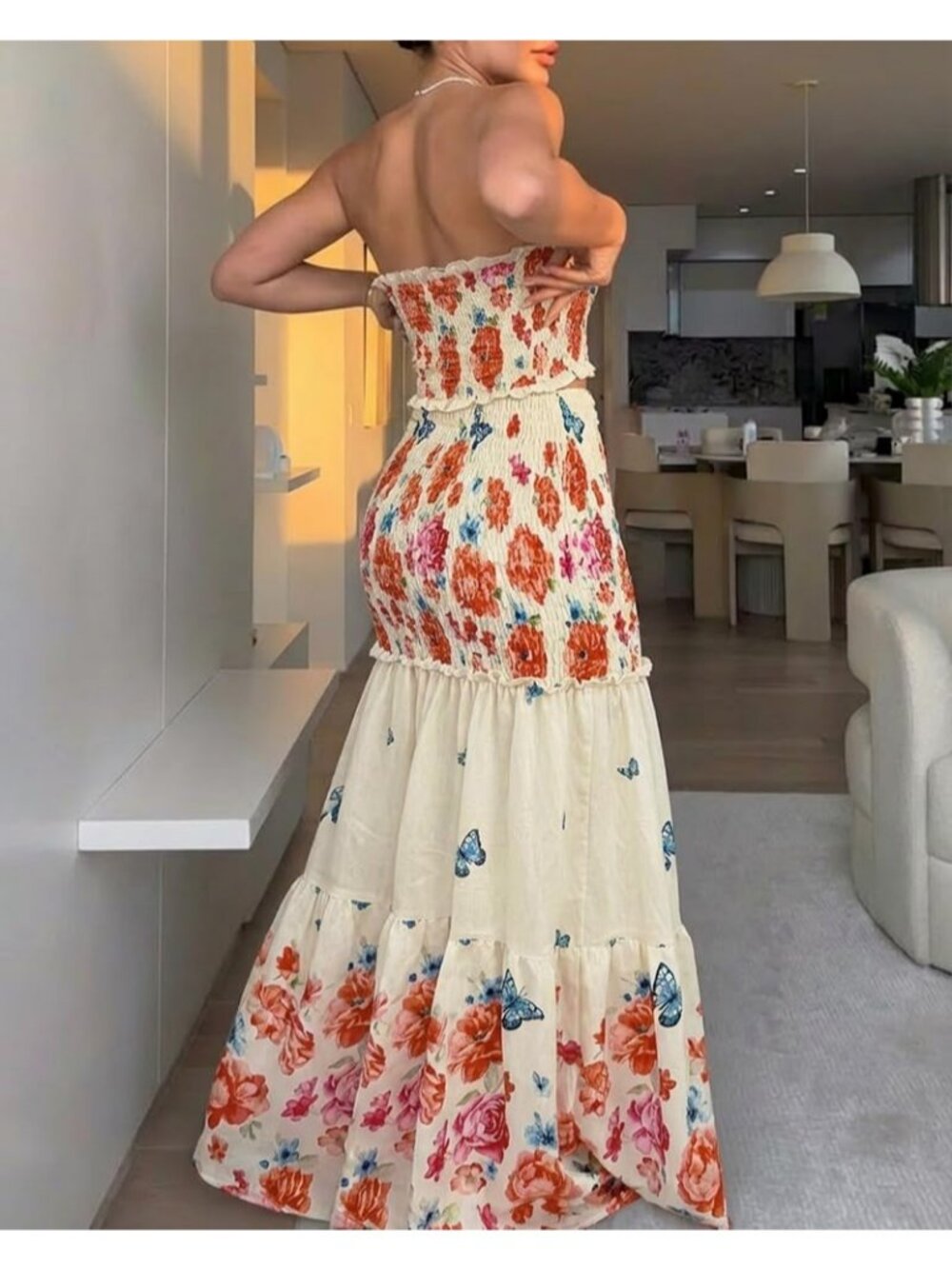 Women's Apricot Sleeveless Slim Floral Halter Tie Ruched Bow Strapless Maxi - Picture 3 of 6